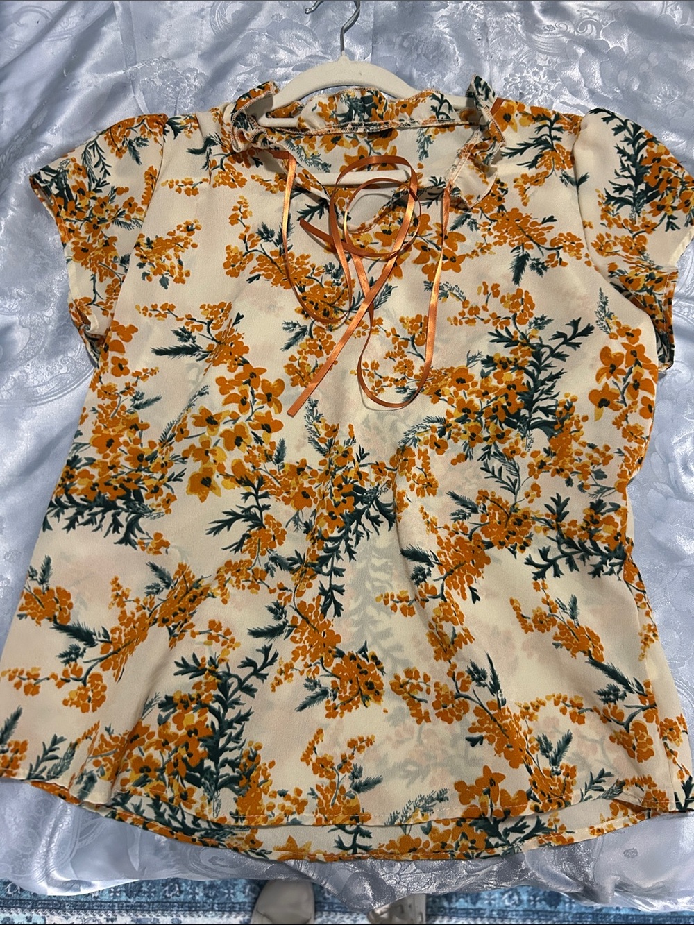 Floral Tie-Neck Women's Blouse - Cream with Mustard Floral
